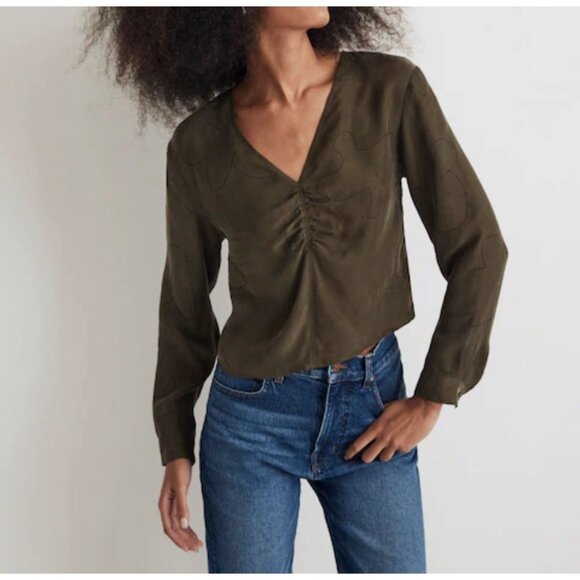 Madewell Brushed Ruched Top Sz 14 Green Long Sleeve Cupro V-Neck Earthy Olive - Picture 1 of 12
